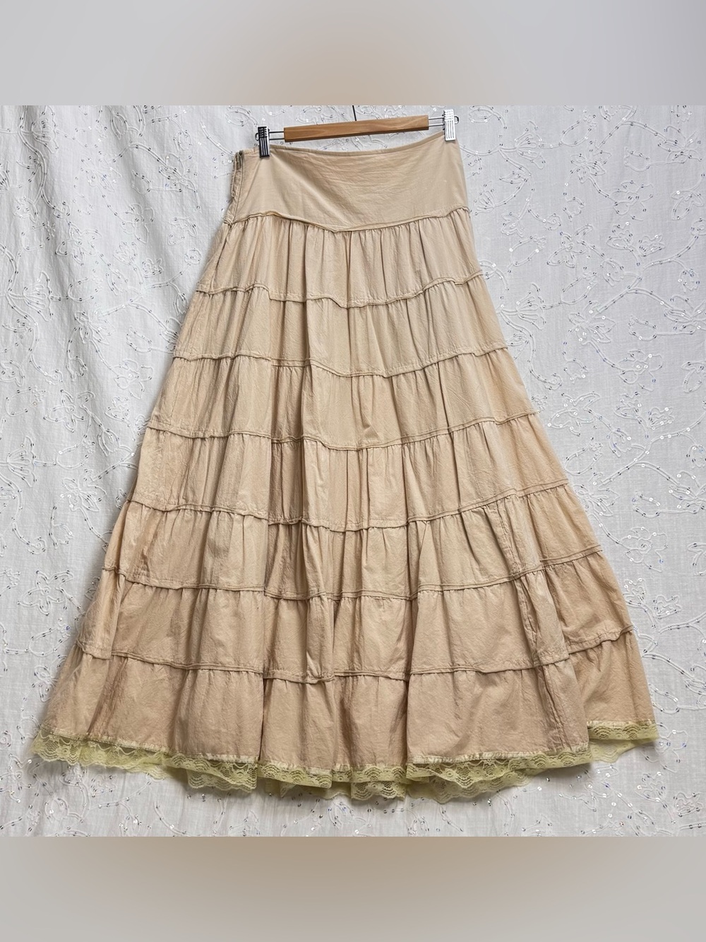 Vintage 90s Prairie Maxi Skirt Cream Beige Tiered Cottagecore Boho Romantic M